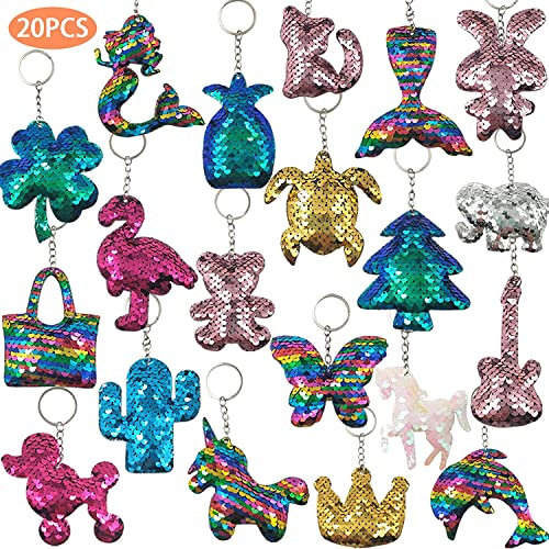 GuassLee 20 x Flip-Pailletten-Schlüsselanhänger, Partyzubehör, Ostertaschenfüller, Schlüsselanhänger für Kinder und Erwachsene, Geburtstagsgeschenke, Rucksack-Zubehör