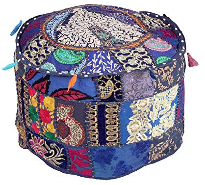 Indischer runder Patchwork-Fußhocker-Bezug | Indoor-Wohnzimmer-Beinstütze | ergonomisches Design für Körperunterstützung | langlebige und Bequeme Boho-Dekoration Pouf Bezüge (blau, 45,7 x 35,6 cm)