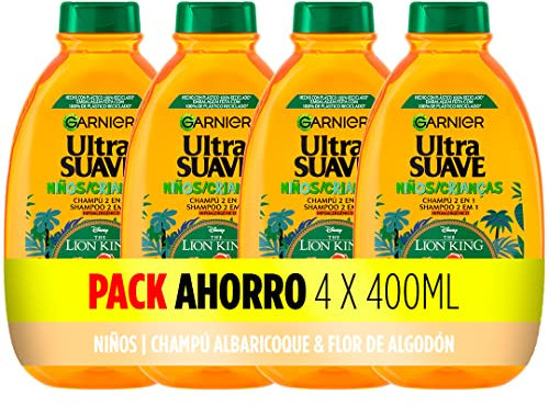 Garnier Ultra Soft, 2-in-1-Shampoo, Aprikose und Baumwollblüte für Kinder, leicht zu entwirren, juckt nicht die Augen, kein Ziehen, 4 x 400 ml