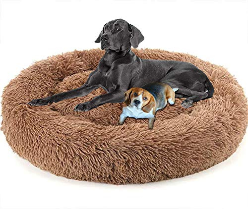 LINRUI Antistress Donut Hundebett Hoch XXL,Kuscheliges Hundekissen Memory Foam Flauschiges XXL Orthopädisch Oval Rund XL Hundehöhle für Mittelgroße große Hunde,Abwaschbar Braun