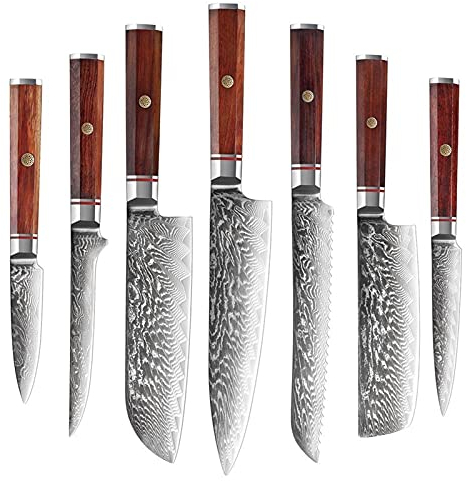 1-7PC Damasco Cuchillo de cocina Set VG10 Acero inoxidable CHEF CHEF CUCHILLO SANTOKU CUCHILLO CLEAVER PAN PAN UTILIDAD DE CUCHILLO cuchillos (Color : DMHM21-7pc)