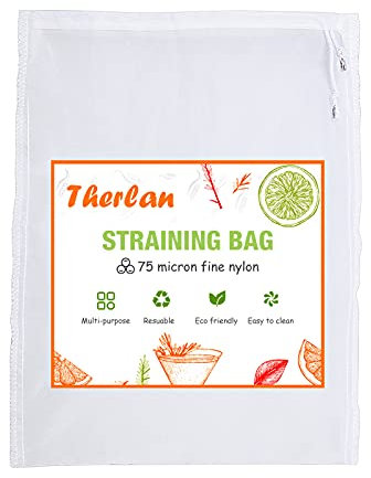 Therlan Filterbeutel Nussbeutel, Nylon Siebbeutel, Abseihen Beutel 75 Mikron Waschbares Feinmaschiges Filter Sack Zum Nussmilch, Saft, Mandelmilch, Pflanzenmilch, Hafermilch, Hopfen Bier, 22cm*32cm