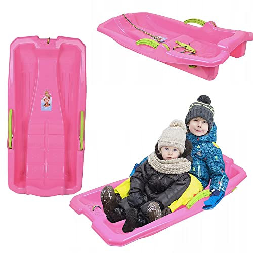 Bobschlitten Bob Rodel Schneegleiter Bremshebel Zugseil Kinder Schnee Winter (Rosa)
