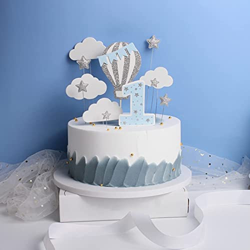 12Pcs Happy Birthday Cake Topper 1st Baby Shower Cake Toppers Glitter Hot Air Balloon Star Cloud Cupcake Toppers First Birthday Cake Decorations (Blue)