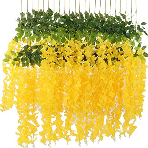 12 Pack Glyzinie Blume Reben Girlande, 3.75 Fuß künstliche Blumen Strings, gefälschte hängende Blumen, Seide Wisteria Girlande Blumen, Wisteria Rebe für Hochzeit, Garten, Wanddekoration (Gelb)