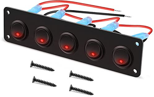 RUNCCI-YUN Panel de Interruptor Basculante de 5 bandas,Panel de interruptor de palanca de LED Rojo 12-24V,SPST Interruptor Coche Redondo para coche, caravana, camión, barco