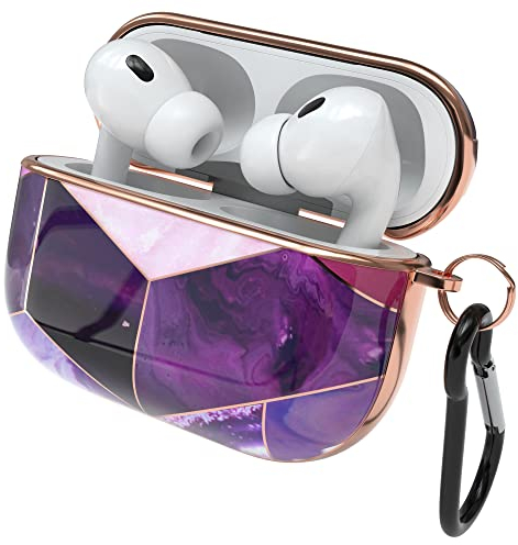 EAZY CASE - Schutzhülle für AirPods Pro 2 Hülle Lila Hard Case Stoßfest mit Karabiner geeignet als Schlüsselanhänger Antikratz Etui rutschfest Hardcase für Airpod Pro 2. Generation in Violett Marmor