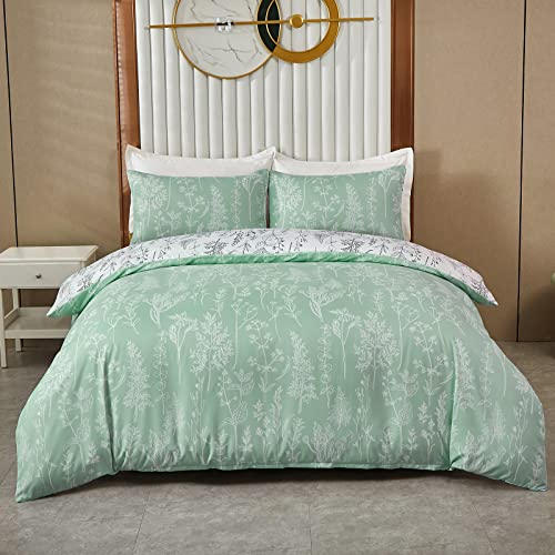 Lunoroey Green Floral Duvet Cover Set Single Size Green Floral Bedding Sets Plants Flowers Botanical Printed Duvet Covers All Season Bedding Sets Soft And Easy Care
