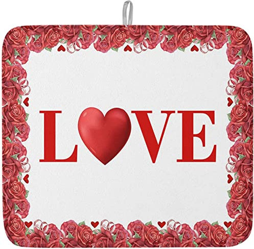 501 Abtropfgestel Mikrofaser 41x46 cm, Tag Liebesherz Romantische Rosen Geschirr Abtropfmatte Mit Aufhängeschlaufe Multifunktionalen Spülbeckenmatte rutschfeste Mikrofaser Geschirr Trockenmatten