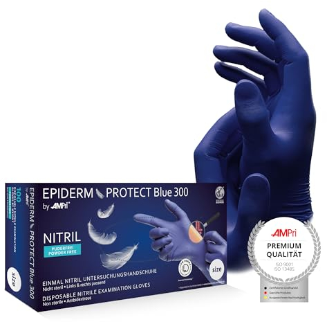 AMPri Nitrilhandschuhe, Low Derma, blau, 300mm, 100 Stück/Box, Größe S, puderfrei, Epiderm Protect Blue 300 by Med-Comfort: Nitril Einmalhandschuhe, Einweghandschuhe in den Größen XS, S, M, L, XL