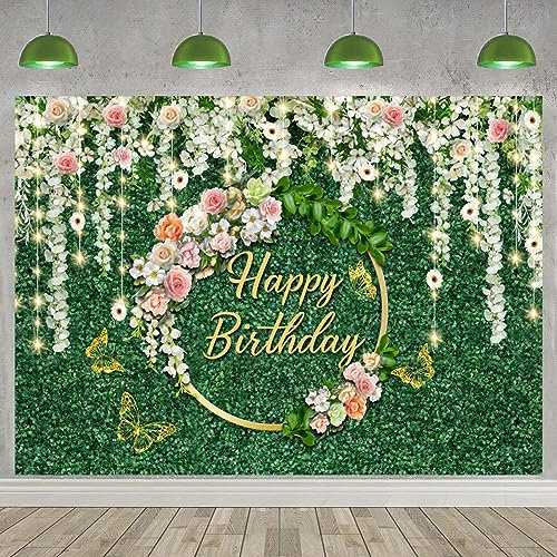 1.8x1.2m Toile de fond anniversaire Feuilles vertes Floral Happy Birthday Sign Poster Photographie Background Femmes Filles Princesse Birthday Party Indoor Outdoor Decorations Banner Photo Booth Props