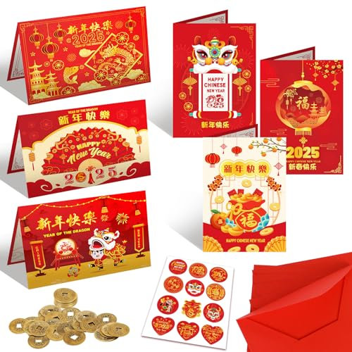 DPKOW 2025 Chinesisches Neujahrskarten Set, 6 Jahr des Schlangen karten + 6 roten Umschlägen + 10 Chinesischen Münzen + 12 Chinesischen Neujahrsaufklebern, Geldgeschenk Chinesische Glückwunschkarten