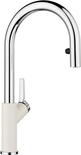 BLANCO CARENA-S Vario | Küchenarmatur in softweiß/chrom | Hochdruck | Mit herausziehbarem Schlauch | Wechsel von Klarstrahl in Brausestrahl | Gesicherte Wasserqualität & wassersparend