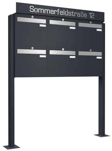 Frabox Briefkastenanlage 6fach Briefkasten personalisiert freistehend XXL Standbriefkasten RAL 7016 Postkasten zum Aufschrauben anthrazit-grau Mehrfamilienhaus ohne Zeitungsfach Made in Germany LUIS