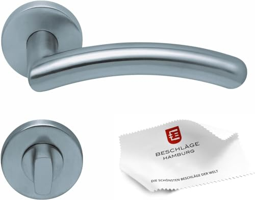 Beschläge Hamburg Türgriffe Türbeschlag scoop SBL 1084 — Türklinken mit WC/Bad Rosetten für Zimmertüren — Drückergarnitur/Türdrücker für Innentüren, 54 mm rund in Edelstahl matt