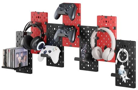 PEGZONE Controller and Headphone Holder Wall Mount, Modular Gaming Pegboard with Accessories, Controller Stand for Xbox PS5 PS4 Switch, Video Game Storage, Disc Shelf, 7pcs Pegboard, Black & Red