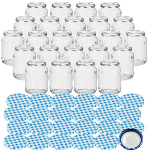 gouveo 24er Set Einmachgläser 720 ml Facette mit Schraubdeckel karo-blau BS - Vorratsgläser mit Drehverschluss TO82 - Leere Marmeladengläser, Aufbewahrungsgläser (EGF720KBBS)