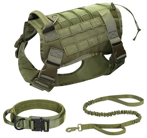 FLOVIPPET Taktisches Hundegeschirr 3er-Set, No-Pull-Haustiergeschirr mit Halsband und Leine, Verstellbare Weich Gepolsterte Hundeweste, Hundegeschirr für Mittelgroße Große Hunde (Grün,M)