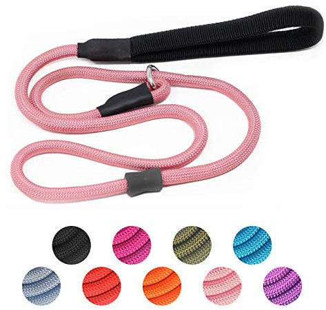 Strong Slip Lead Dog Training Leash - Heavy Duty Nylon, 1.2m Grey Rope with Rubber Stopper & Padded Handle for Small, Medium, Large Puppies
