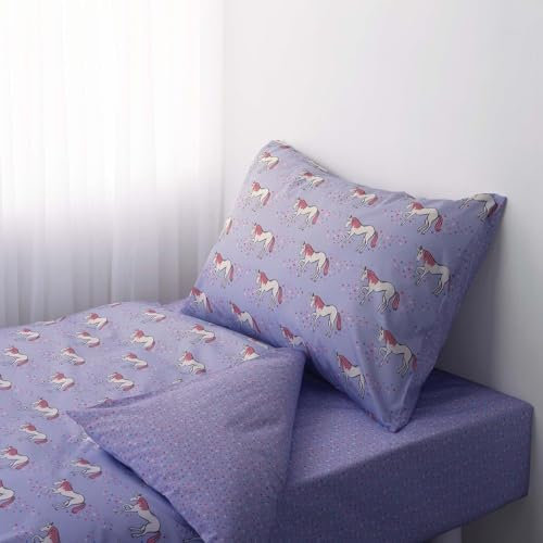 Vision Linens Lilac Unicorn Pattern Children's/Infant Duvet Cover & Matching Pillowcase Bedding Set, Super Soft, 100% Cotton, Cot Bed - 120 x 150cm