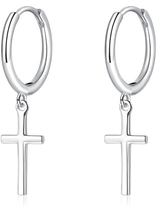 Cangall Creolen Silber Mit Kreuz Anhänger für Damen, 925 Sterling Silber Ohrringe Hängend, Kleine Schlafen Knorpel Ohrhänger für Geburtstag Muttertag