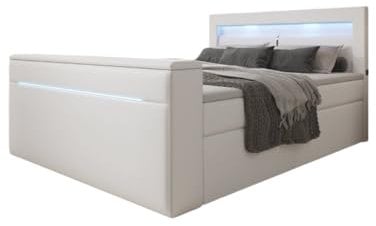 Boxspringbett Repos 160x200 Doppelbett Polsterbett Bett mit TV Lift, USB und LED | Bezug: Kunstleder | Farbe: Weiß | Härtegrad: H3 (70-100kg)