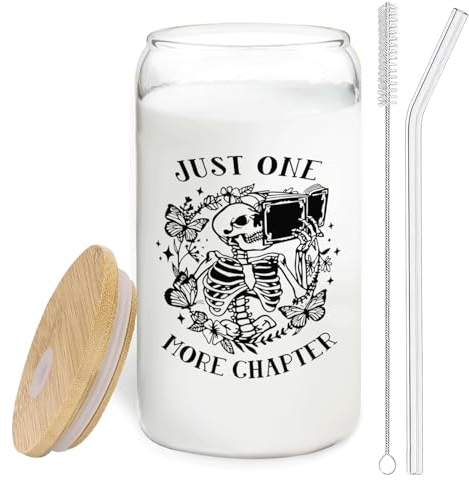 BEHIFL Geschenkideen für Buchliebhaber: Lustige Skelett-Glastasse mit Deckel und Strohhalmen, 400 ml, Buchclub-Geschenke, Buch-Geschenke, Just One More Chapter Glas-Kaffeebecher Trinkgläser mit