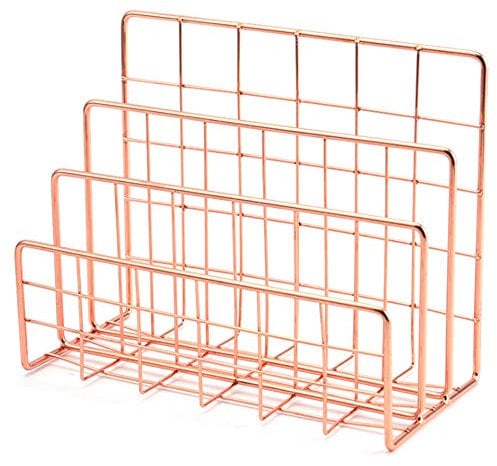 Grendly Office Desk Shelf Rose Gold Metal Book Shelf with Three-Layer Desktop Magazine