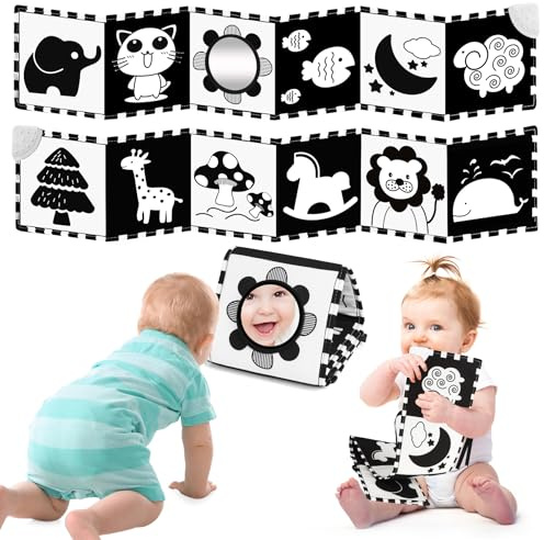 BBWOO Livre Tissu Bébé Eveil, Livre Sensoriel Bébé Noir et Blanc Pur, Stimulation Visuelle et Motrice, Idéal pour Le Temps sur Le Ventre, Cadeau pour Bébés de 0 à 12 Mois
