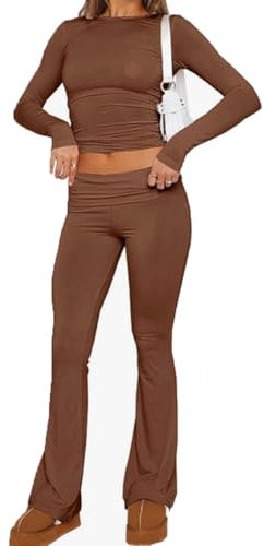 ABINGOO Damen Lounge Set Langarm Oberteil Und Schlaghose Yoga Trainingsanzug Zweiteiler Outfit Schmal Loungewear Set(Braun,S)