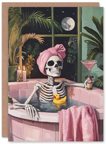 Wee Blue Coo Fun Funny Skeleton Bath Time Moon Trick or Treat Haunted Scary Halloween Card Blank For All