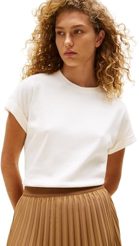 Tommy Hilfiger Damen T-Shirt Kurzarm Gold Button mit Rundhalsausschnitt, Weiß (Ivory Silk), M