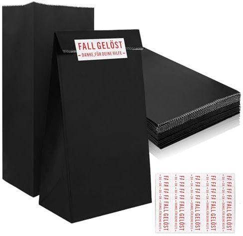 20 Stück Papiertüten Schwarz mit Aufkleber Detektiv, Detektiv Geburtstag Geschenktüten 12 x 7 x 24 cm, Geschenk Tüten Kindergeburtstag für Jungen und Mädchen