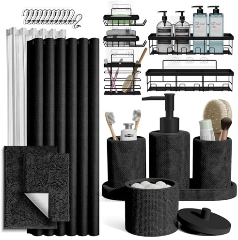 Clara Clark Black Bathroom Set - Bathroom Sets with Shower Curtain and Rugs, 26PC Bathroom Accessory Set, Shower Curtain Set with Adhesive Corner Shower Caddy Hanging & Soap Dispenser