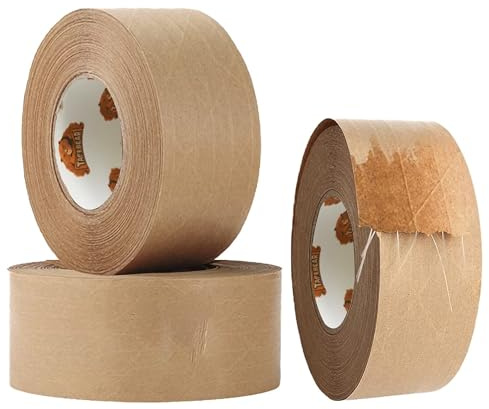 TAPEBEAR Water Activated Tape, Fiber Reinforced Gummed Tape 50mm*50m | Kraft Paper Tape Biodegradable Brown Packing Tape for Security Sealing, Heavy Duty Packaging and Shipping,3rolls