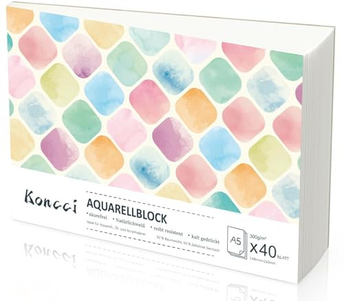 Koncci Carta Acquerello - 40 Fogli - A5 (14.8x21cm) - Carta pressata a freddo - Senza acidi - Bianco naturale - Incollata - 300 g/m² - Adatta per acquerello, gouache e altre tecniche miste
