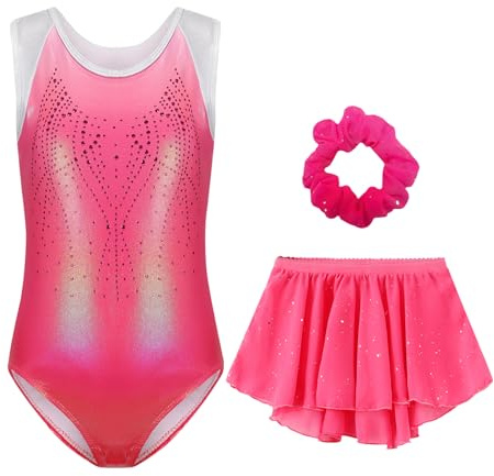 Happy Cherry Bambina Body da Ginnastica Smanicato con Gonna+Fascia per Capelli 3 Pezzi Costume da Danza Balletto Gara Artistica Body Brillante Paillettes Rosa per Ragazze 9-10 Anni