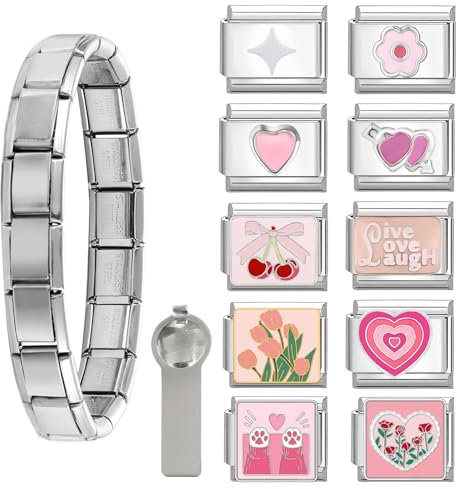 Menore Italian Charm Bracelet, 12PCS Italian Charms Armband Set mit Öffnungswerkzeug und Armband, DIY Abnehmbar 9mm Edelstahl Module für Italienische Armbänder, Geschenk für Frauen Mädchen