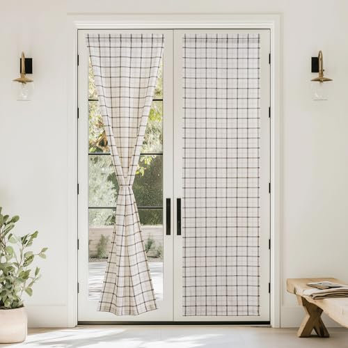 PONY DANCE Tende Lino Semitrasparenti con Tasca Tende a Vetro per Porta Finestra Moderne 2 Pezzi 60x240 CM Curtains Cucina a Vetro con Motivo Stampato, Crema
