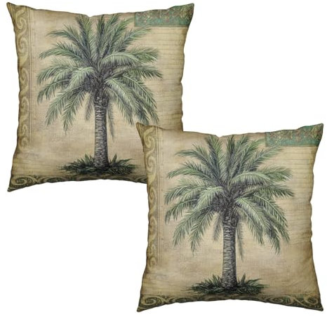 Wnoesat Palm Tree Pillow Covers 18x18 Set of 2 Hawaiian Tropical Leaf Decorative Throw Pillows Summer Vintage Outdoor Pillow Cases Cotton Linen Cushion Cover for Bed Couch Sofa Living Room
