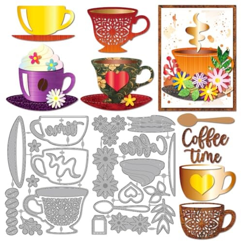 MAYJOYDIY Kaffeetassen Untertassen Metall Stanzformen Löffel Metall Stanzschablonen Blumen Gänseblümchen Prägung Scrapbooking Vorlage Für DIY Scrapbooking Basteln Kartenherstellung Geschenk Dekor