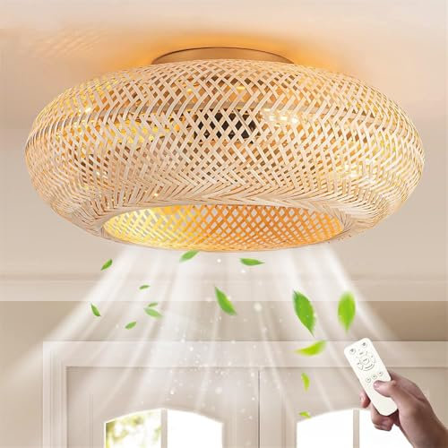 Ventilador de techo con iluminación E27 vintage de ratán y bambú con control remoto, 6 niveles de velocidad, reversible silencioso, luminaria ventilador de techo estilo bohemio