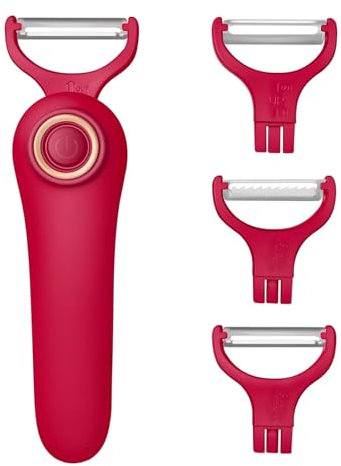 3-in-1 Electric Peeler | Auto Blade for Fruits/Vegetables | 3 Interchangeable Blades | USB Charging,Battery Capacity 1500 mAh | Kitchen, Travel, Camping (PL907-RED)