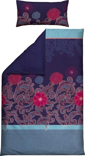 REDBEST Satin Wendebettwäsche Blumen und Streifen blau Größe 40x80 cm / 135x200 cm - temperaturausgleichend, pflegeleicht, mit Reißverschluss