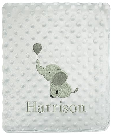 JJLC Personalised Baby Bobble Blanket Embroidered Elephant & Name Soft Fleece Wrap Boys Girls (Grey Bobble)