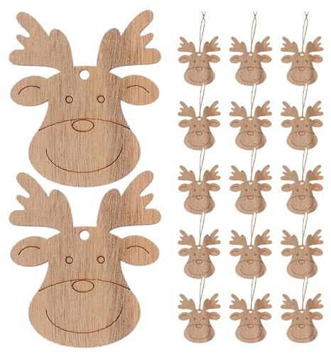 Wooden Christmas Tree Decorations: 30pcs Wooden Reindeer Ornaments DIY Unfinished Wood Christmas Decorations Reindeer Head Cutouts with Jute Twine for Crafting Hanging Tags for Xmas Tree Holiday Party