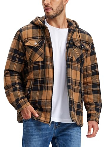 MoFiz Herren Karierts Flanellhemd Gefüttert Hemdjacke Thermo Kapuzenhemd Langarm Freizeithemd Baumwolle Reißverschluss Winterjacke Warm Dicke Holzfällerhemd mit Kapuze