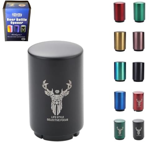 FUGYTVEN Push Down Bottle Opener | Automatic 304 Steel | One-Handed & No Damage | Beer/Soda Cap Remover & Magnet Catcher | Ultimate Gift for Men, Dad, Beer Lovers (Black Deer)