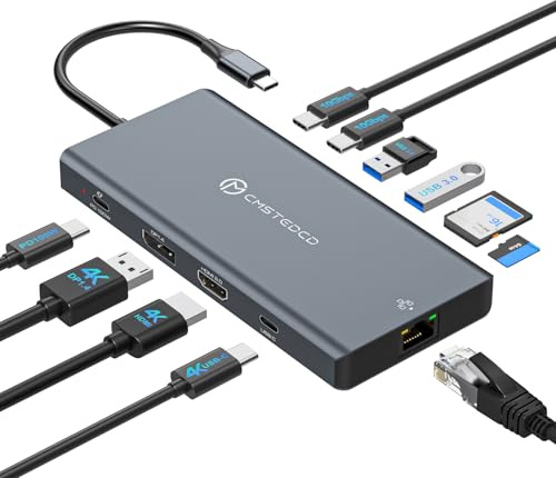 JCYLMELE USB C Laptop Docking Station 3 Monitors with DisplayPort 4K@120Hz HDMI 4K@60Hz USBC 4K@60Hz, 12 in 1 Thunderbolt Hub with USB A 3.0, USB C 3.2, Ethernet, SD, TF, PD 100W