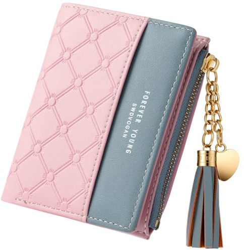 Adiwo Portefeuille à Pompon pour Femmes, Femme Cuir Porte avec Plusieurs Compartiments, Monnaie Femme Fermeture Eclaire, Protection RFID, Porte Carte Bancaire avec Fenêtre pour Carte D'identité(Rose)